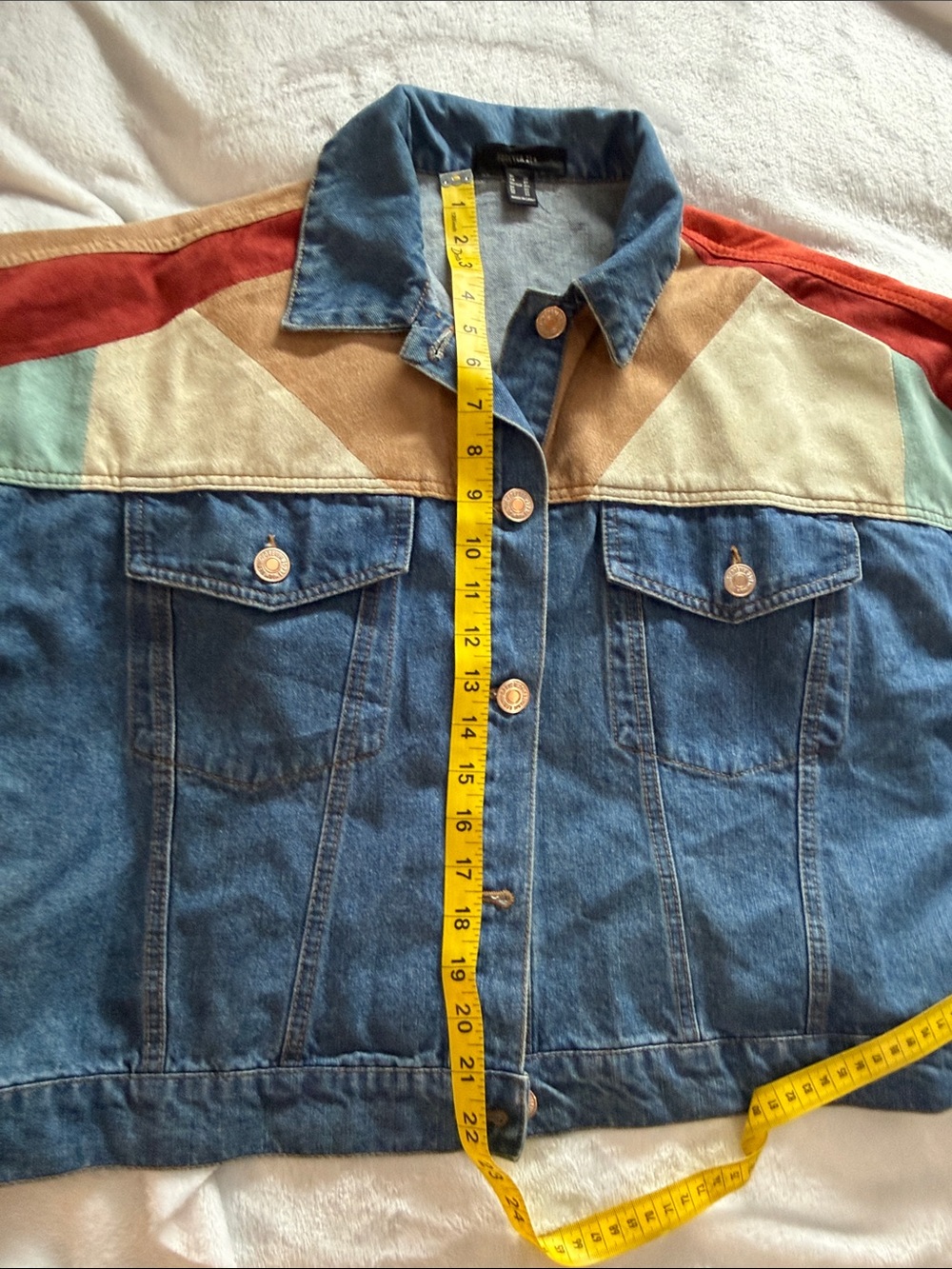 Forever 21 Blue Denim Colorblock Jacket with Red, Tan & Cream  2397 Panels - Picture 4 of 4